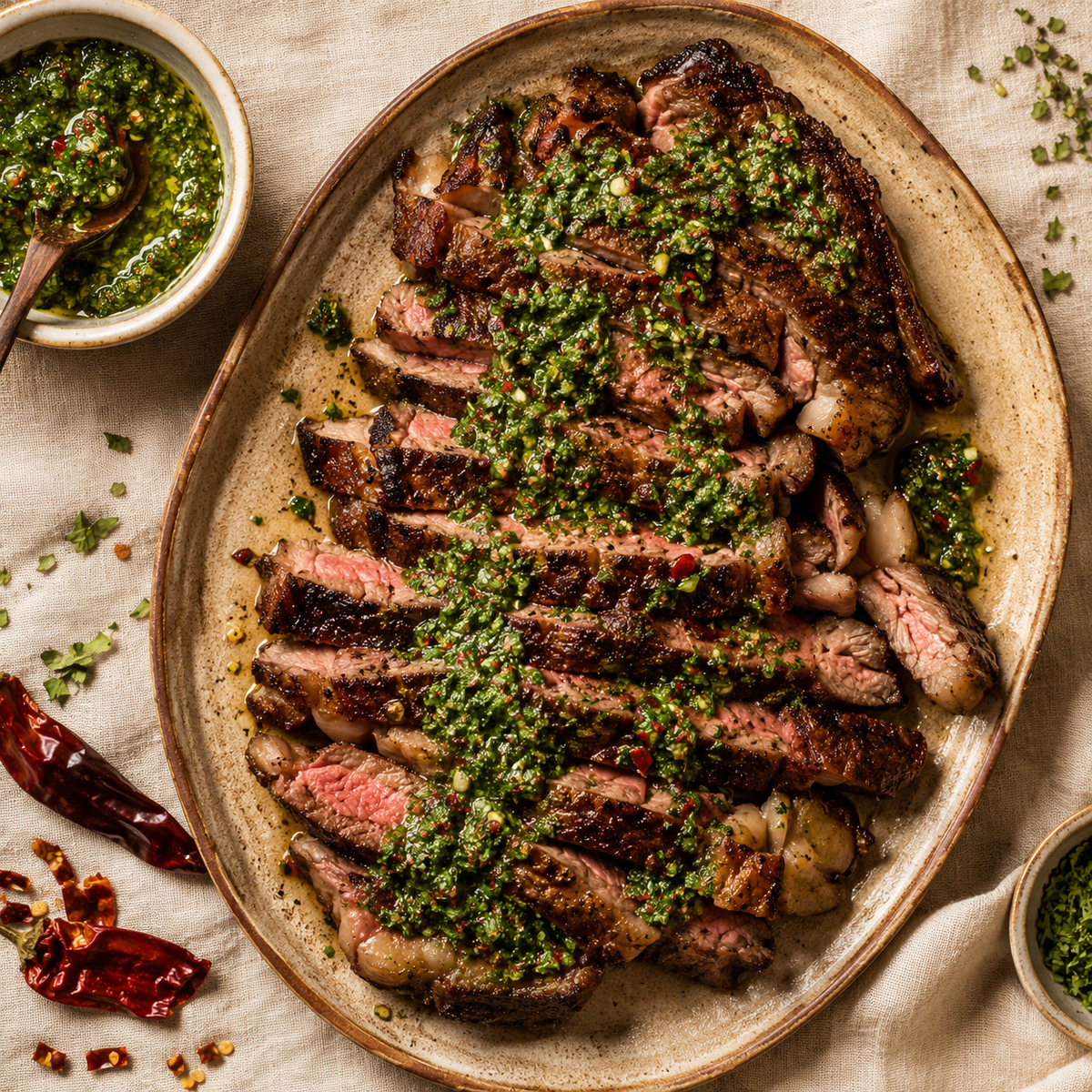 Sliced grilled steak topped with green chimichurri sauce on a wooden board