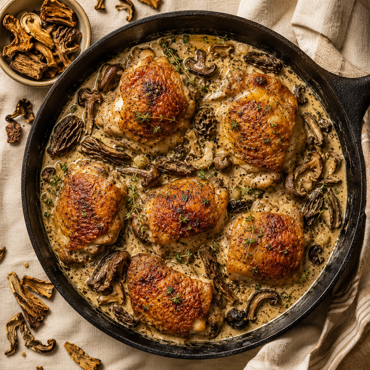 Chicken thighs in a creamy mushroom and garlic sauce in a cast-iron skillet