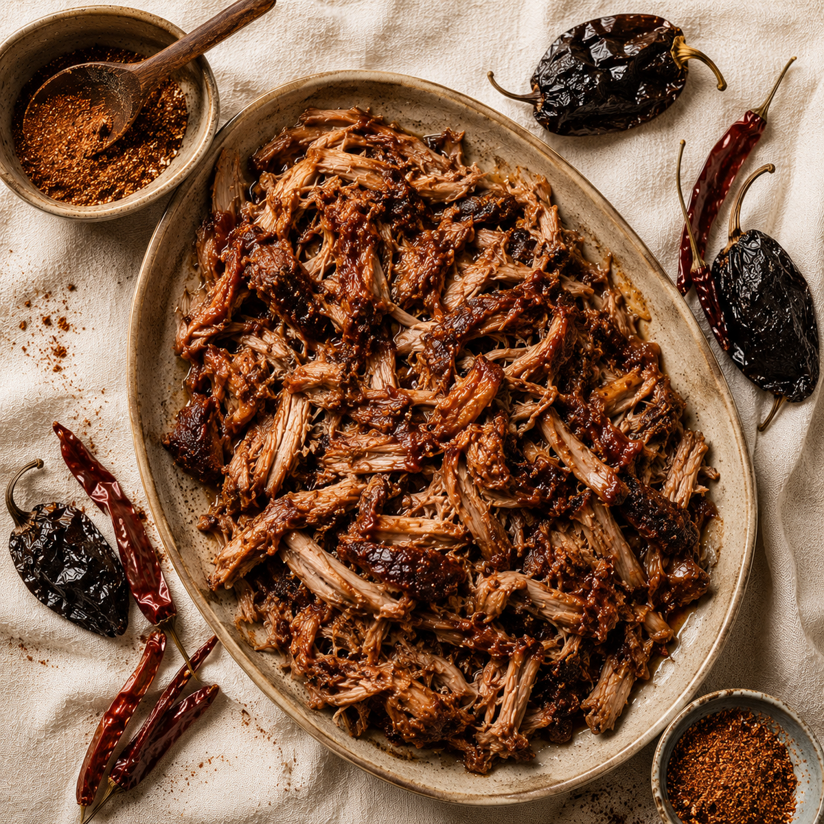 Pulled pork coated in dark barbecue sauce, piled on a serving board