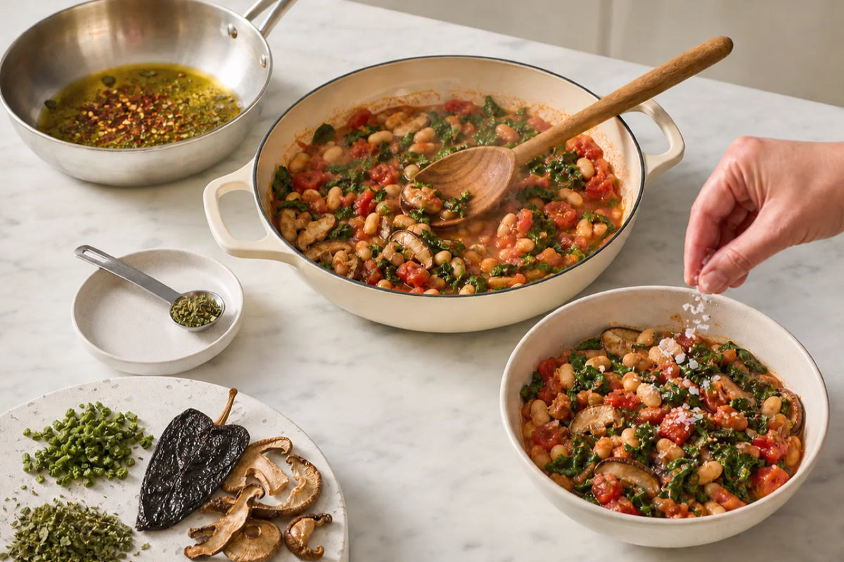 A pan of oil blooming with chile flakes and dried herbs, a pot of white bean and kale stew mid-cook, and flaky salt going onto the finished bowl