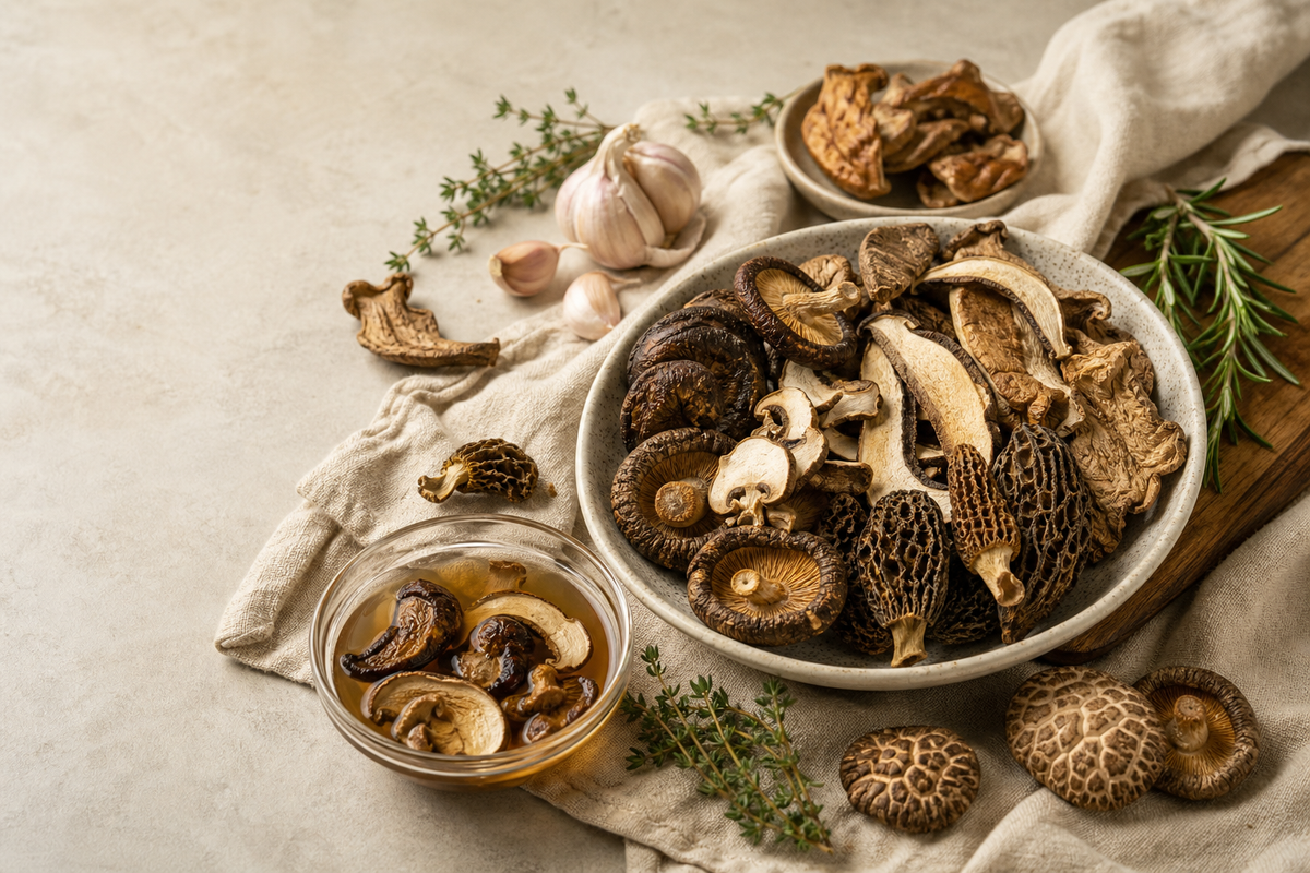 A bowl of assorted dried gourmet mushrooms with rehydrating jar