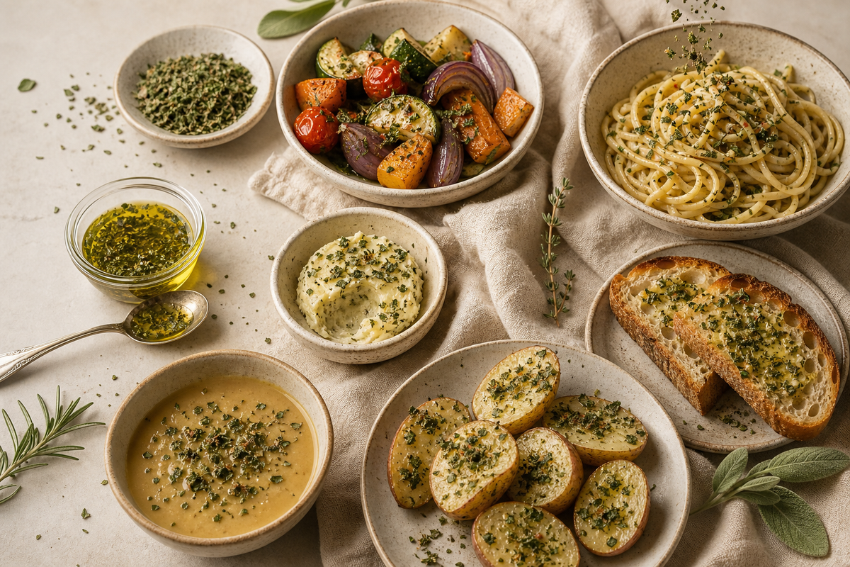 Five dishes finished with freeze-dried herbs