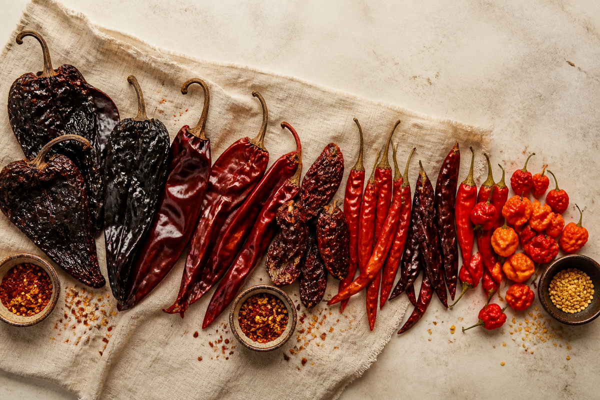 Dried chiles arranged mild to extreme on a linen cloth