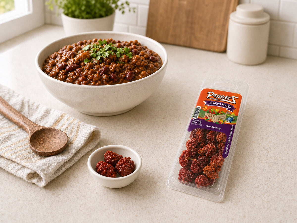 Carolina Reaper PepperZ beside a bowl of chili — lifestyle