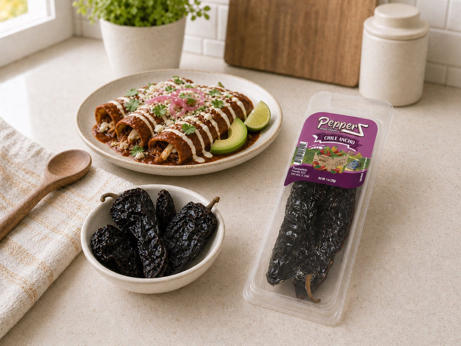 Chile Ancho PepperZ beside enchiladas — lifestyle