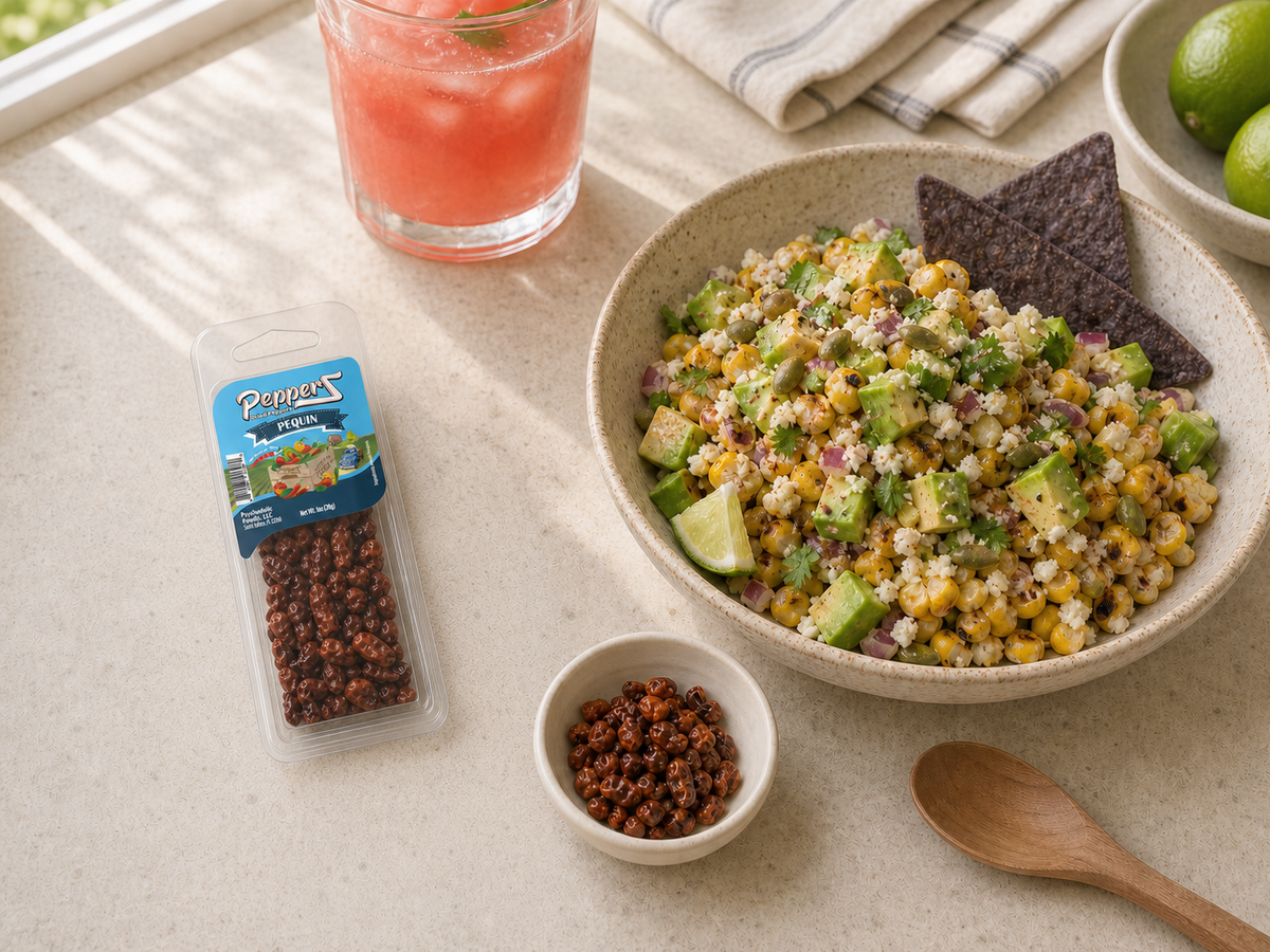 Pequin PepperZ beside an elote grain bowl — lifestyle