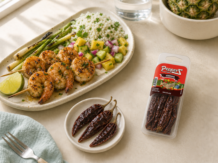 Serrano PepperZ beside grilled shrimp skewers — lifestyle