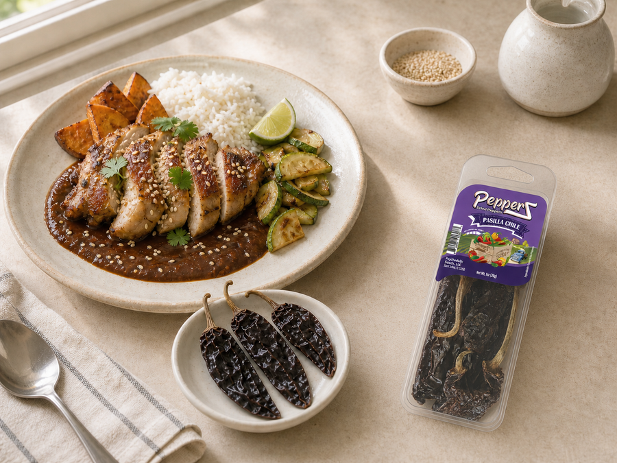 Pasilla Chile PepperZ beside chicken in mole — lifestyle