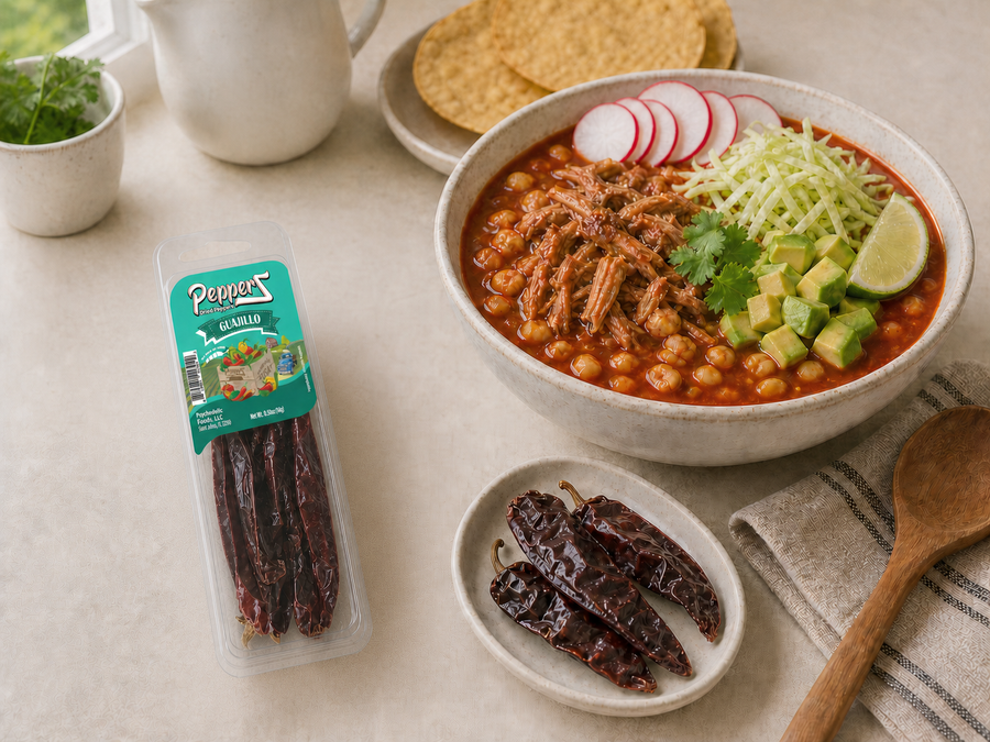 Guajillo PepperZ beside a bowl of pozole — lifestyle