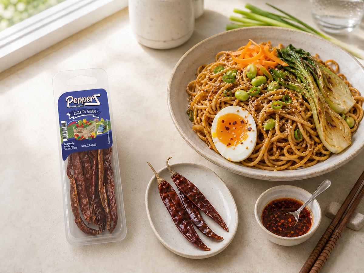 Chile de Árbol PepperZ beside chili-oil noodles — lifestyle