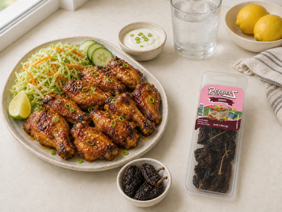 Ghost PepperZ beside glazed wings — lifestyle