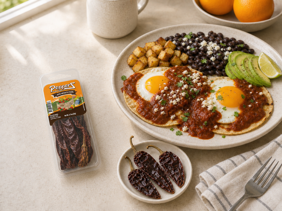 New Mexico Pods PepperZ beside huevos rancheros — lifestyle