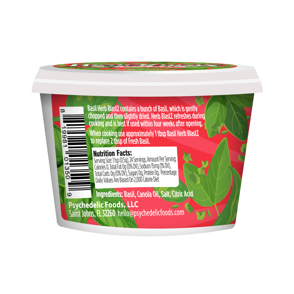 Herb BlastZ — Basil — back panel with nutrition facts and ingredients