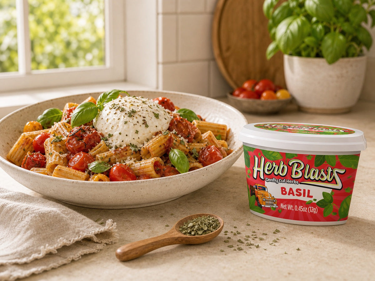 Basil Herb BlastZ beside rigatoni with burrata and tomatoes — lifestyle