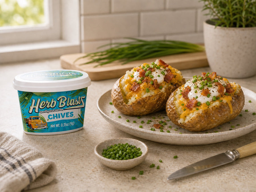 Chives Herb BlastZ beside loaded baked potatoes — lifestyle