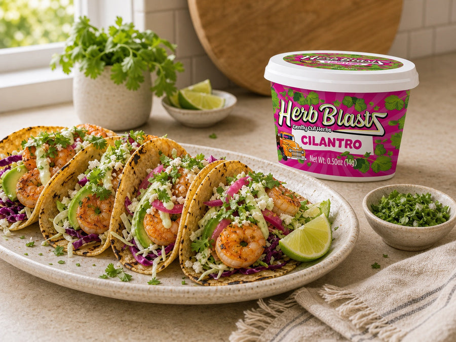 Cilantro Herb BlastZ beside shrimp tacos — lifestyle