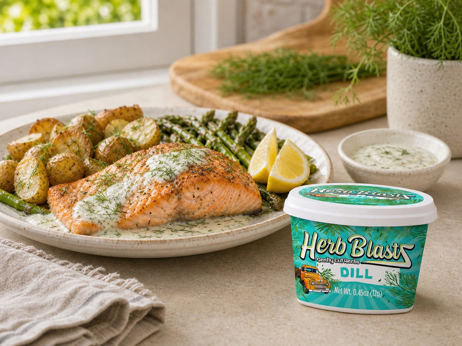 Dill Herb BlastZ beside baked salmon with asparagus — lifestyle