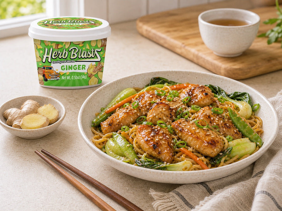 Ginger Herb BlastZ beside a chicken stir-fry — lifestyle