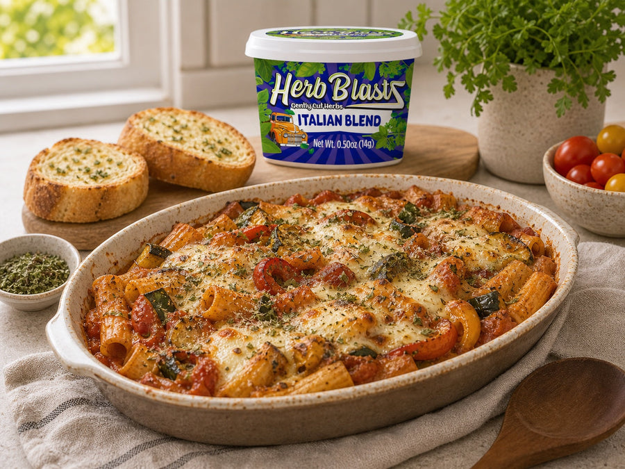 Italian Blend Herb BlastZ beside a baked pasta — lifestyle