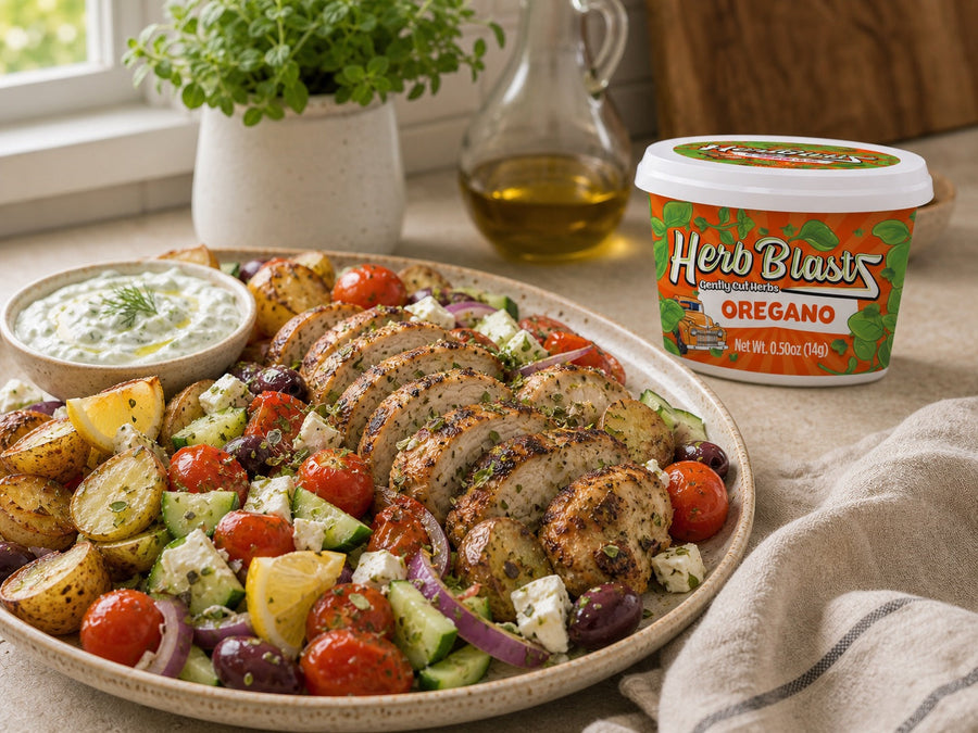 Oregano Herb BlastZ beside a Greek chicken salad — lifestyle