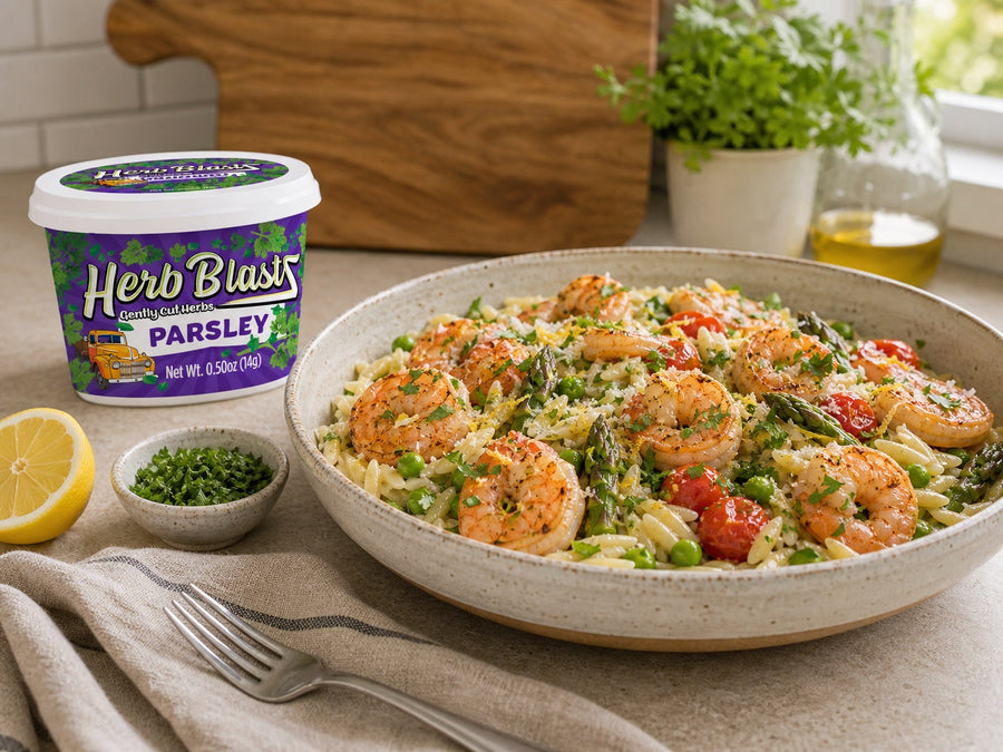 Parsley Herb BlastZ beside a shrimp orzo bowl — lifestyle