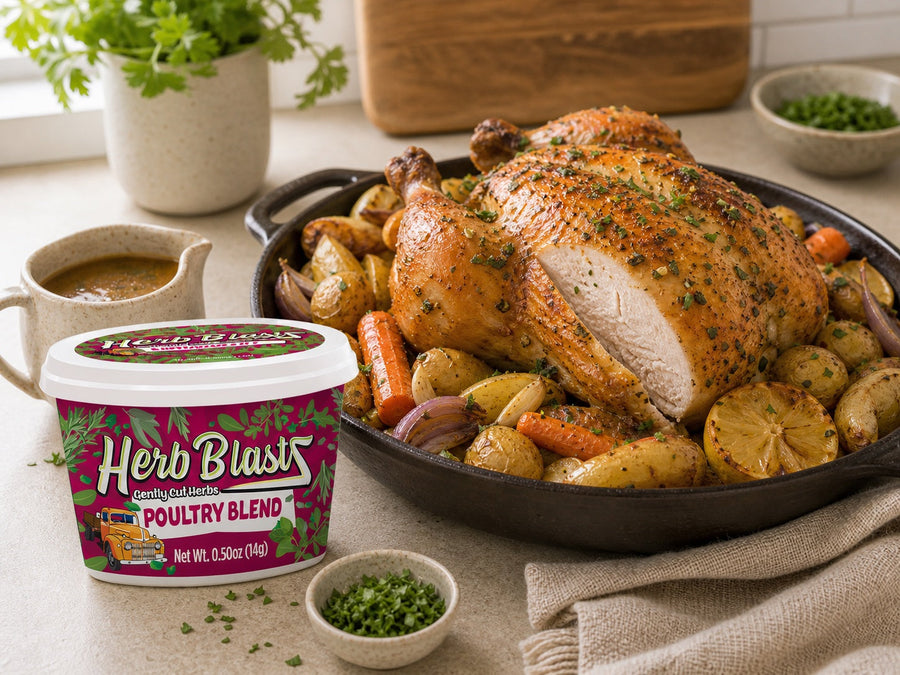 Poultry Blend Herb BlastZ beside a roast chicken dinner — lifestyle