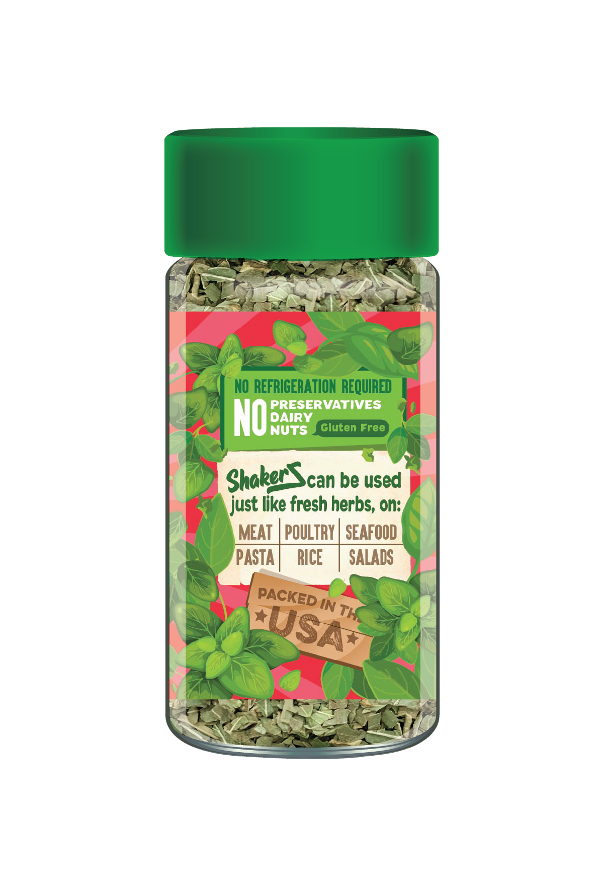 Herb ShakerZ — Basil — usage panel with Packed in the USA