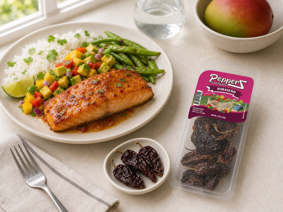 Habanero PepperZ beside glazed salmon with mango salsa — lifestyle