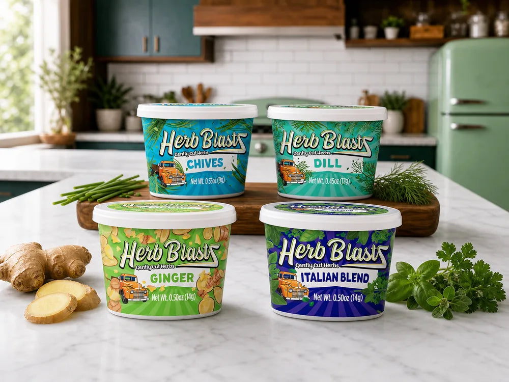 Four Herb BlastZ cups — Chives, Dill, Ginger, and Italian Blend — on a kitchen counter