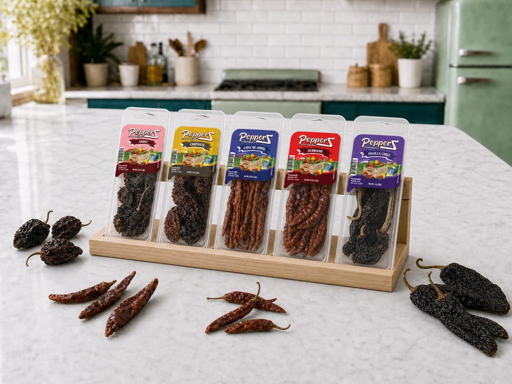 PepperZ packages of whole dried chiles with loose peppers on a kitchen counter