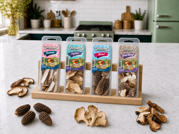 Four ShroomZ packages — Shiitake, Oyster, Morel, and Chef Blend — with dried mushrooms