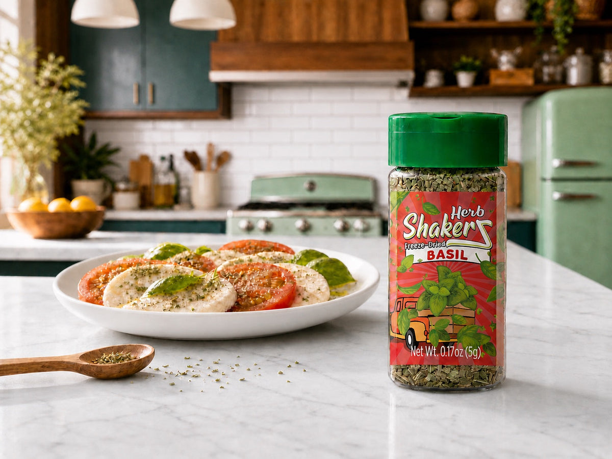 Basil Herb ShakerZ jar beside a caprese salad