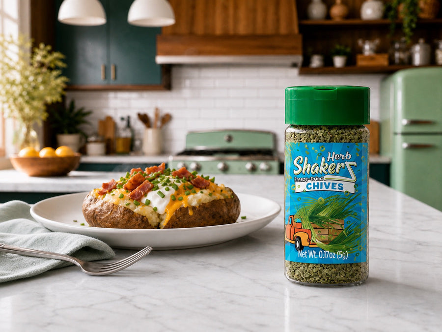 Chives Herb ShakerZ jar beside a loaded baked potato