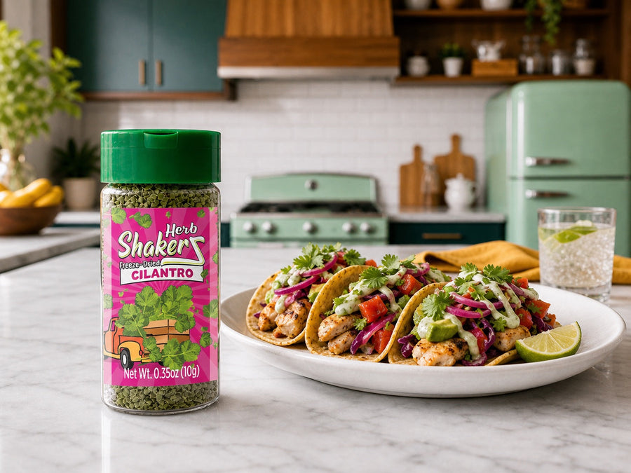 Cilantro Herb ShakerZ jar beside chicken tacos