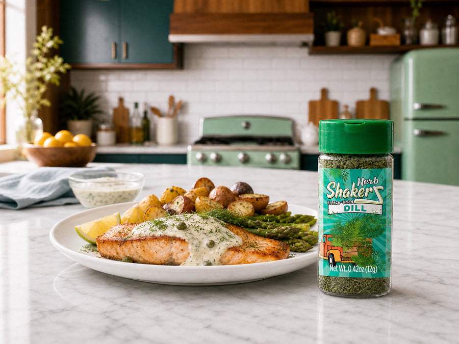 Dill Herb ShakerZ jar beside dill-sauced salmon