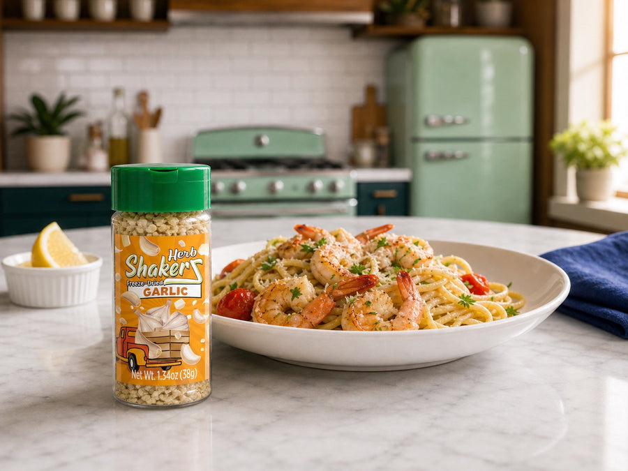 Garlic Herb ShakerZ jar beside garlic shrimp pasta