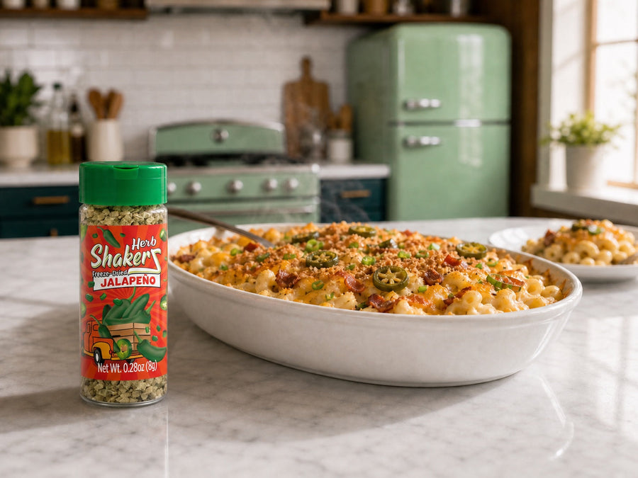 Jalapeño Herb ShakerZ jar beside jalapeño mac and cheese