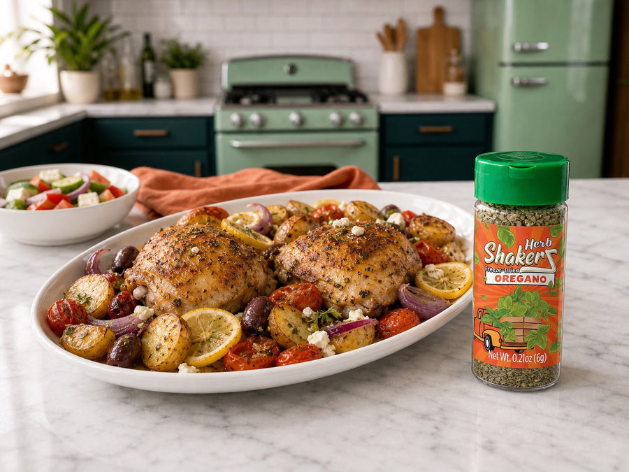 Oregano Herb ShakerZ jar beside Greek roasted chicken