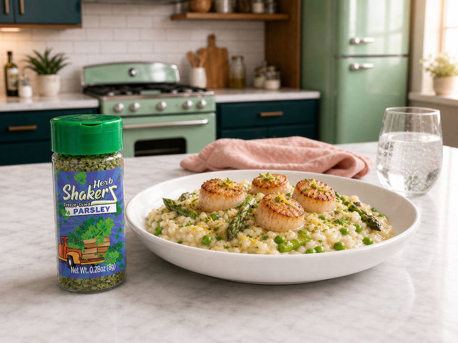 Parsley Herb ShakerZ jar beside seared scallops and pea risotto