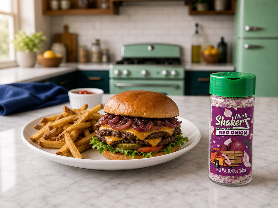Red Onion Herb ShakerZ jar beside a cheeseburger topped with caramelized red onions
