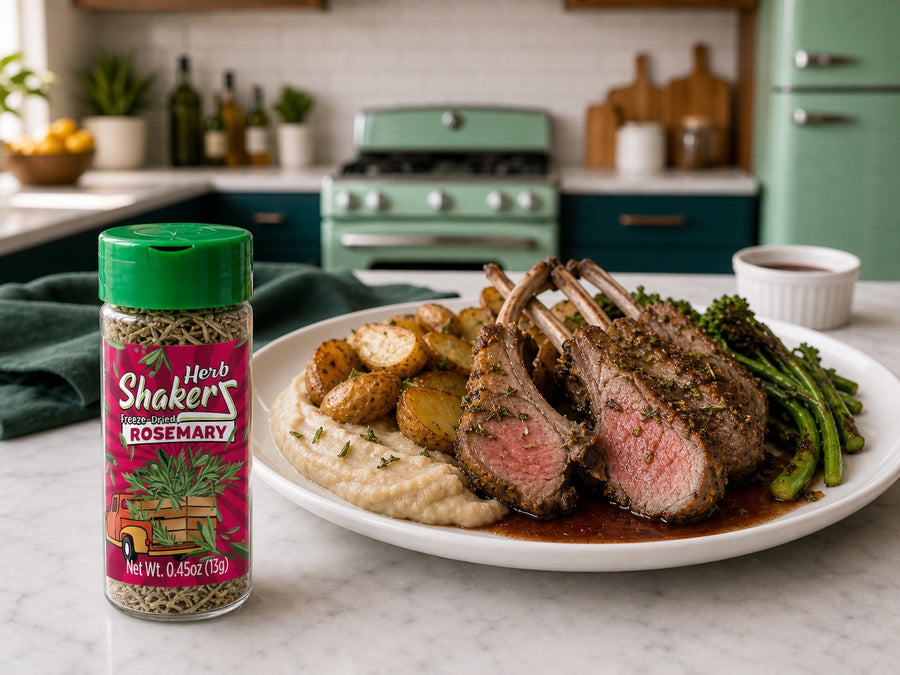 Rosemary Herb ShakerZ jar beside a rack of lamb with potatoes