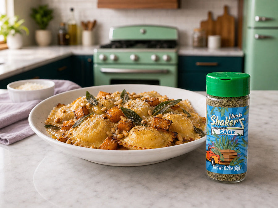 Sage Herb ShakerZ jar beside butternut squash ravioli with crispy sage