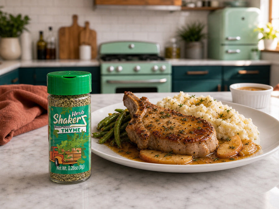 Thyme Herb ShakerZ jar beside a pork chop with mashed potatoes