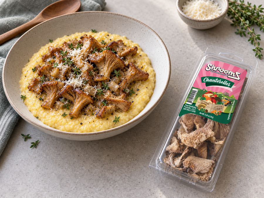 Chanterelle ShroomZ beside a bowl of creamy polenta with sautéed chanterelles — lifestyle
