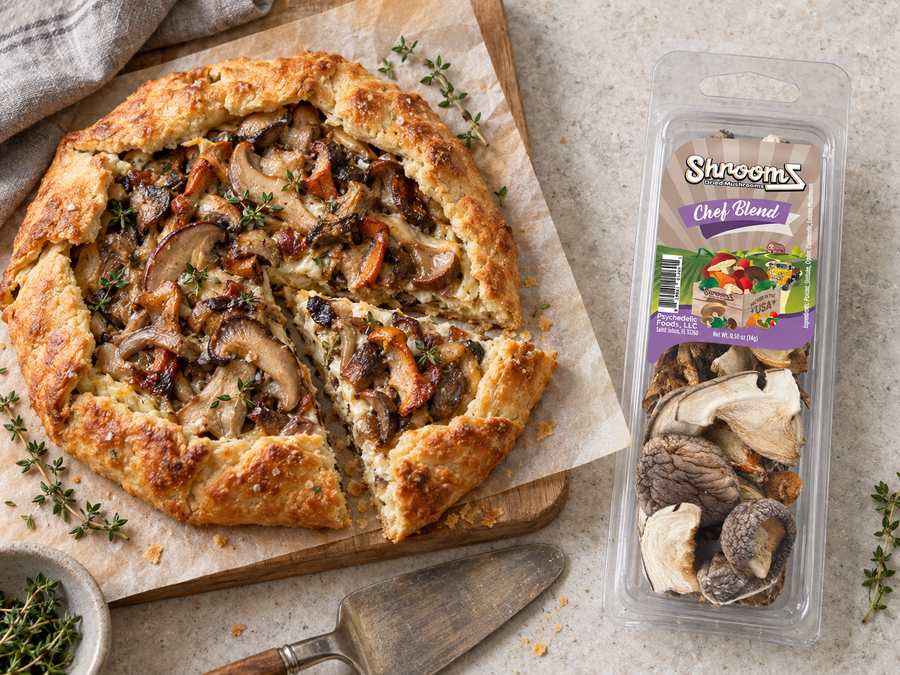 Chef Blend ShroomZ beside a rustic mixed mushroom galette — lifestyle