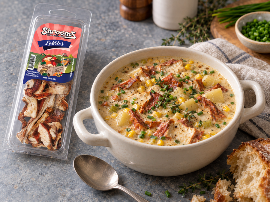 Lobster ShroomZ beside a bowl of corn and potato chowder — lifestyle