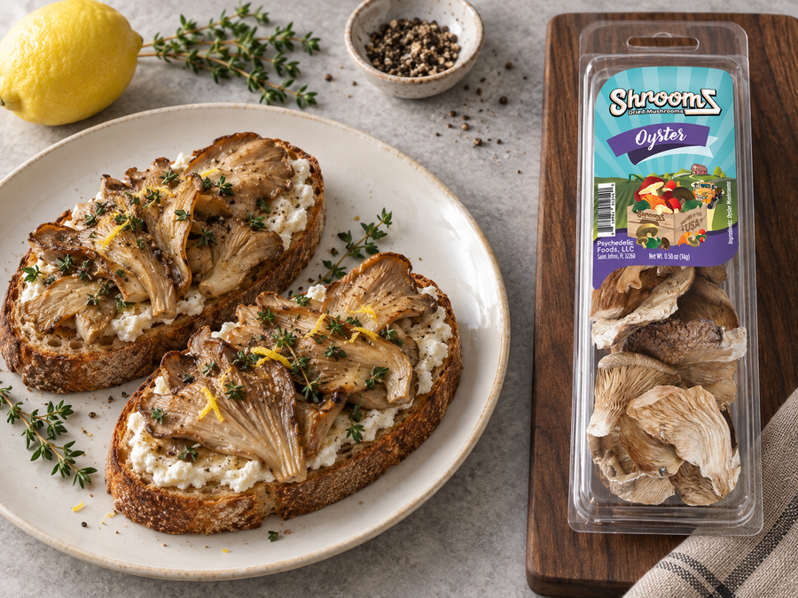 Oyster ShroomZ beside ricotta toast topped with seared oyster mushrooms — lifestyle