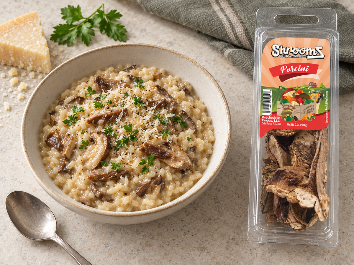 Porcini ShroomZ beside a bowl of porcini risotto — lifestyle