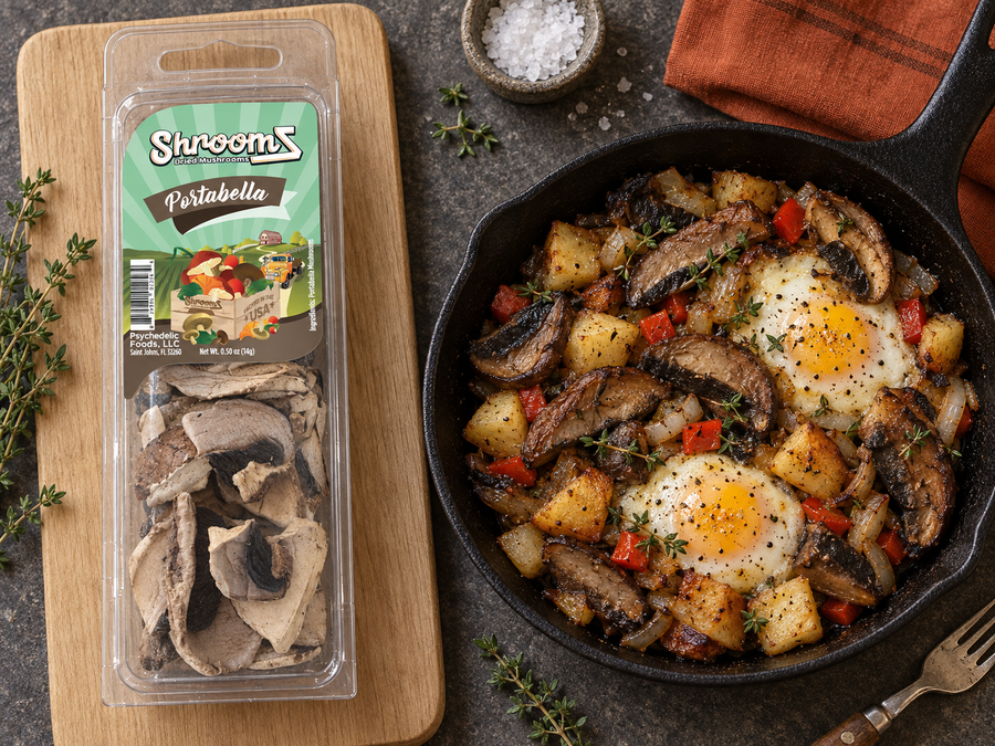 Portabella ShroomZ beside a cast-iron skillet hash with fried eggs — lifestyle