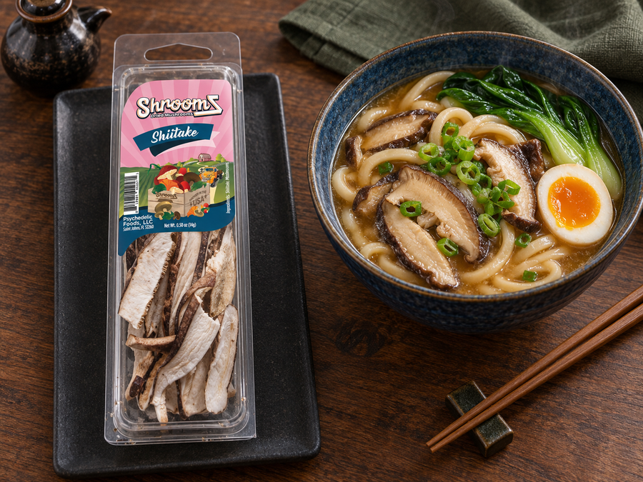 Shiitake ShroomZ beside a bowl of shiitake udon soup — lifestyle